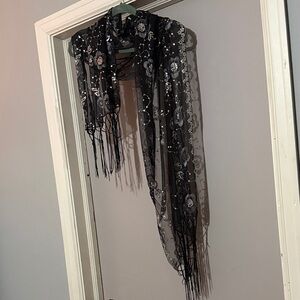 Black Floral Fringe Shawl